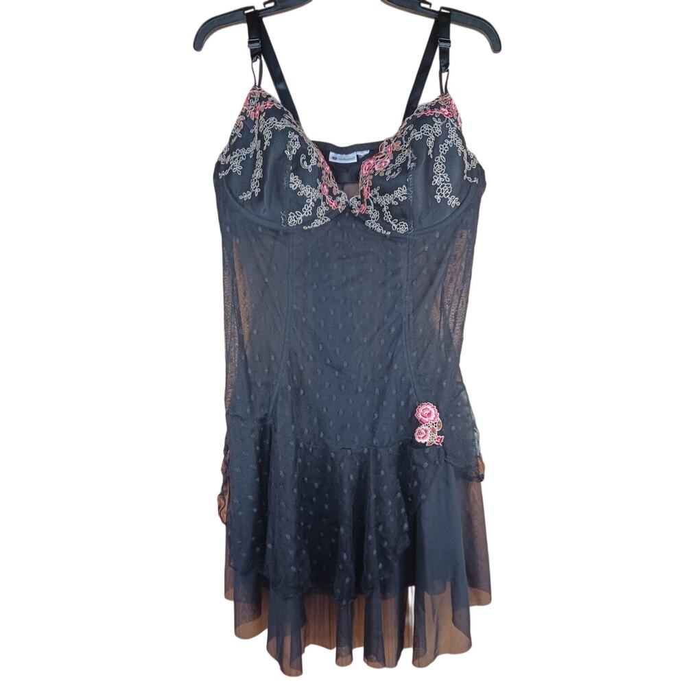 Whimsigoth Mesh Babydoll Slip Dress Large Black Pink Embroidered Y2K Goth